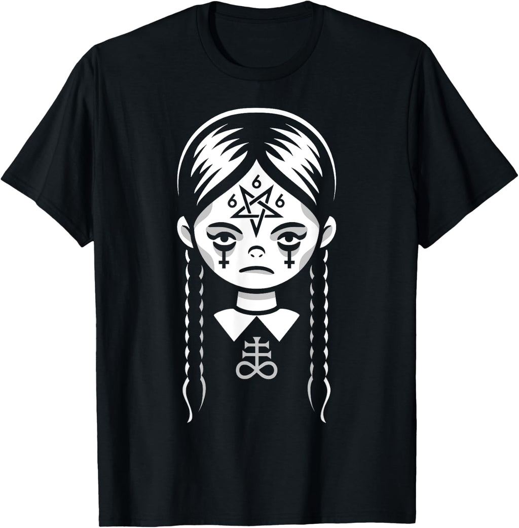 Creepy Cute Satanic Goth Girl W/ Pentagram And Crosses T-Shirt