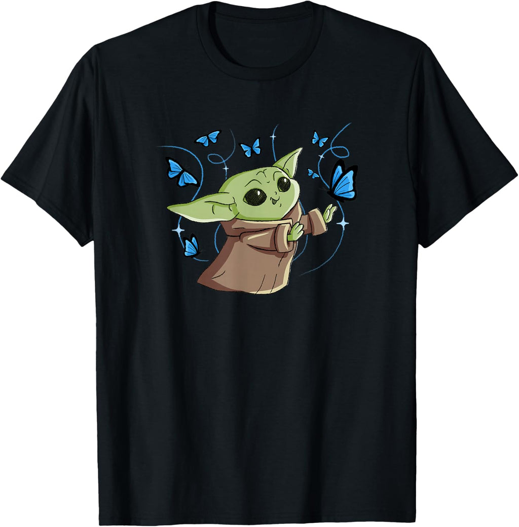 Star Wars The Mandalorian Grogu with Blue Butterflies Cute T-Shirt