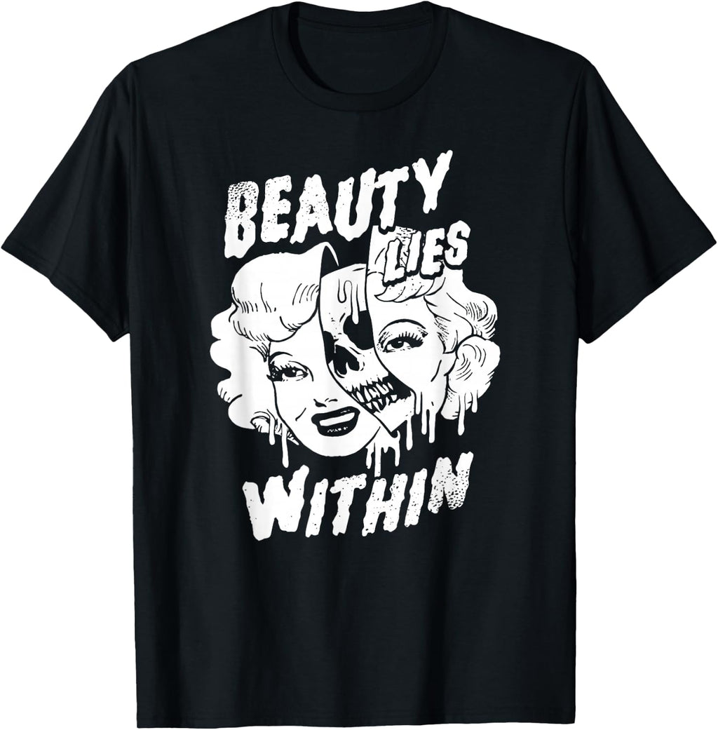Beauty Lies Within Glamour Makeup with Dripping Skull Inside T-Shirt