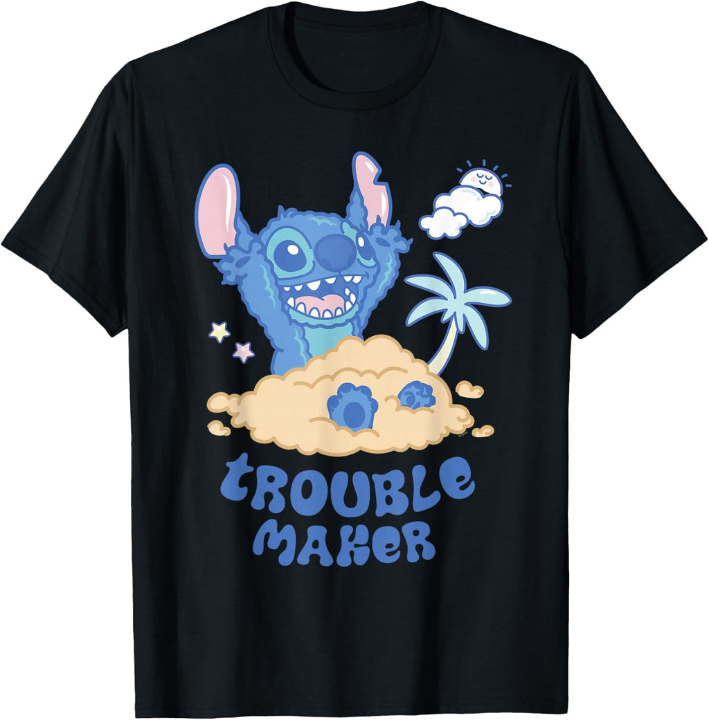 Disney Stitch Fluffy Summer Beach Sand Pile Trouble Maker T-Shirt