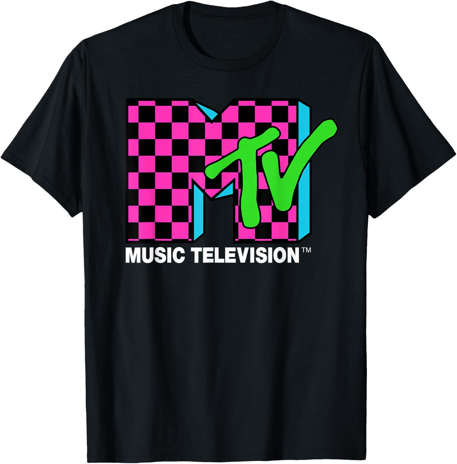 Classic MTV Logo Pink and Blue Checker Design T-Shirt
