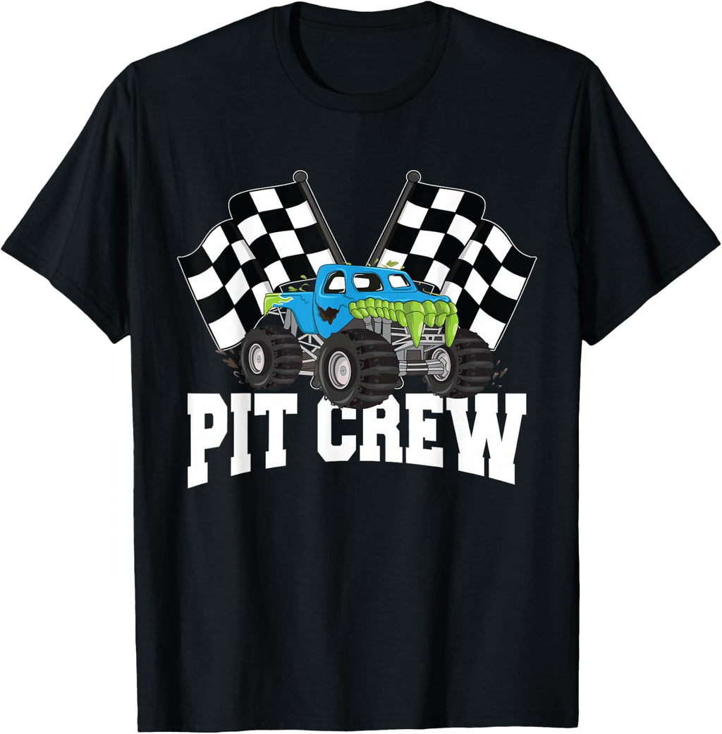 Pit Crew Monster Truck Racing Party and Checked Flag T-Shirt