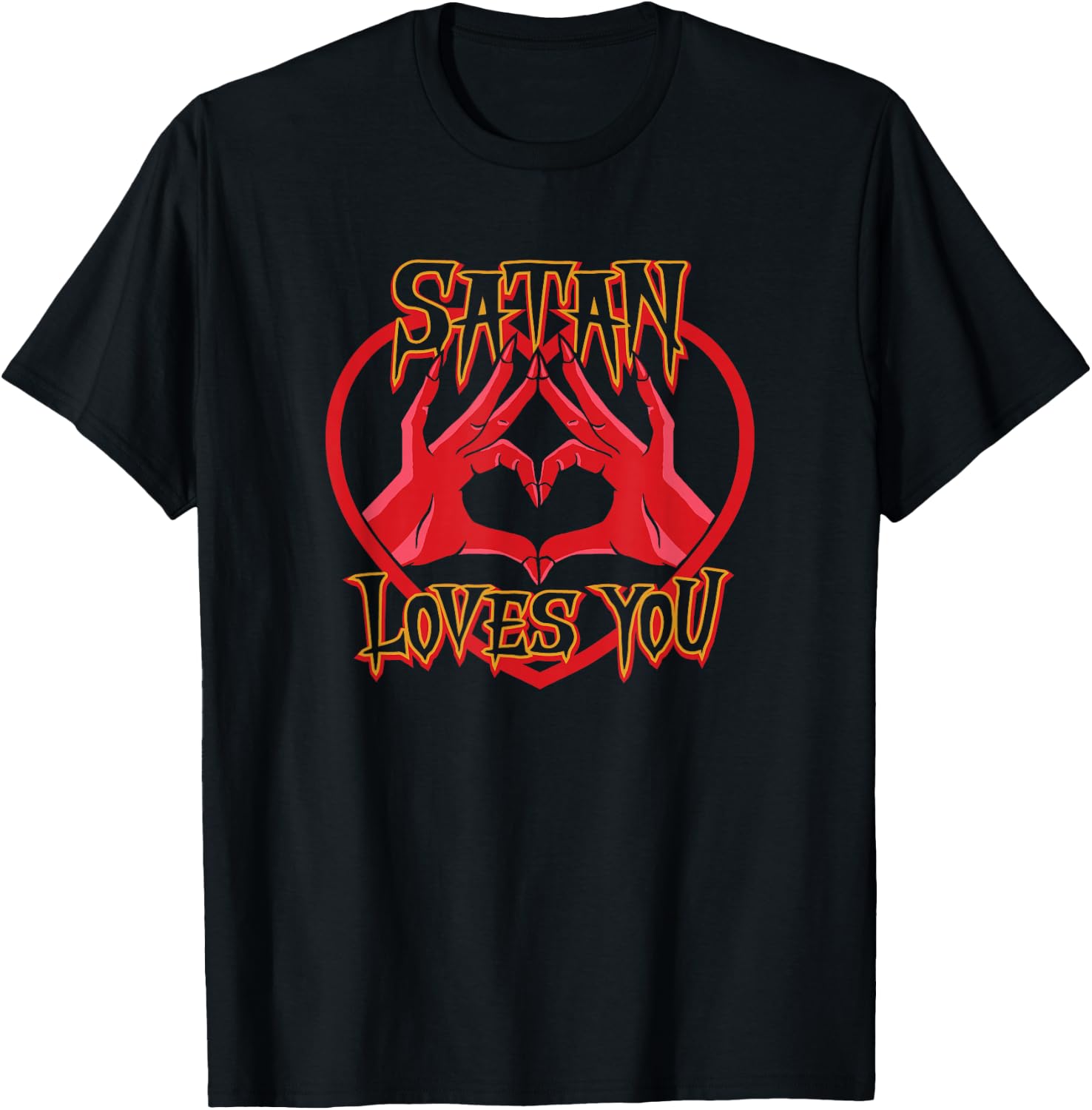 Satan Loves You Demon Hands In Heart Shape Funny Dark Humor T-Shirt