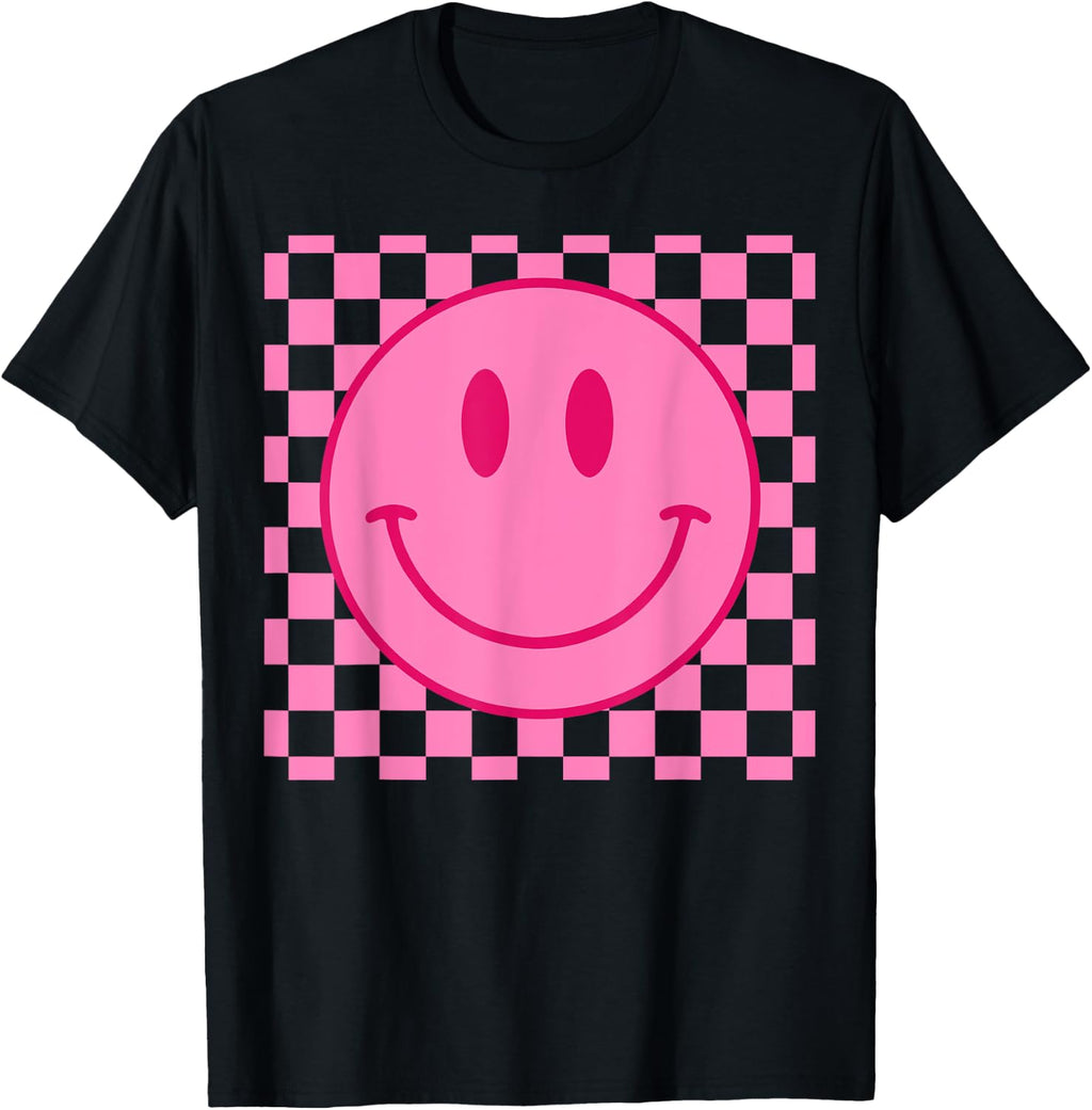 Pink Happy Face Checkered Pattern Smile Face Trendy Smiling T-Shirt