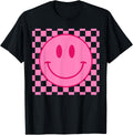 Pink Happy Face Checkered Pattern Smile Face Trendy Smiling T-Shirt