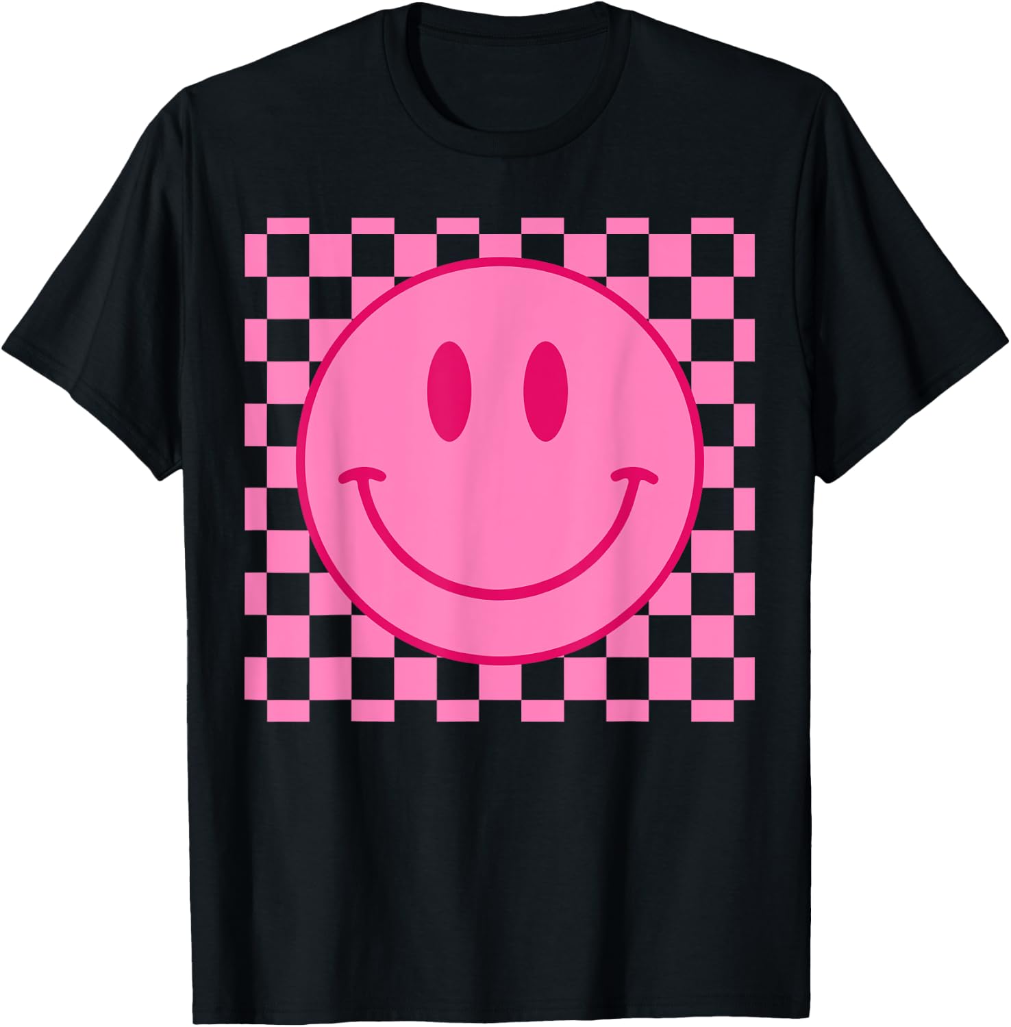Pink Happy Face Checkered Pattern Smile Face Trendy Smiling T-Shirt