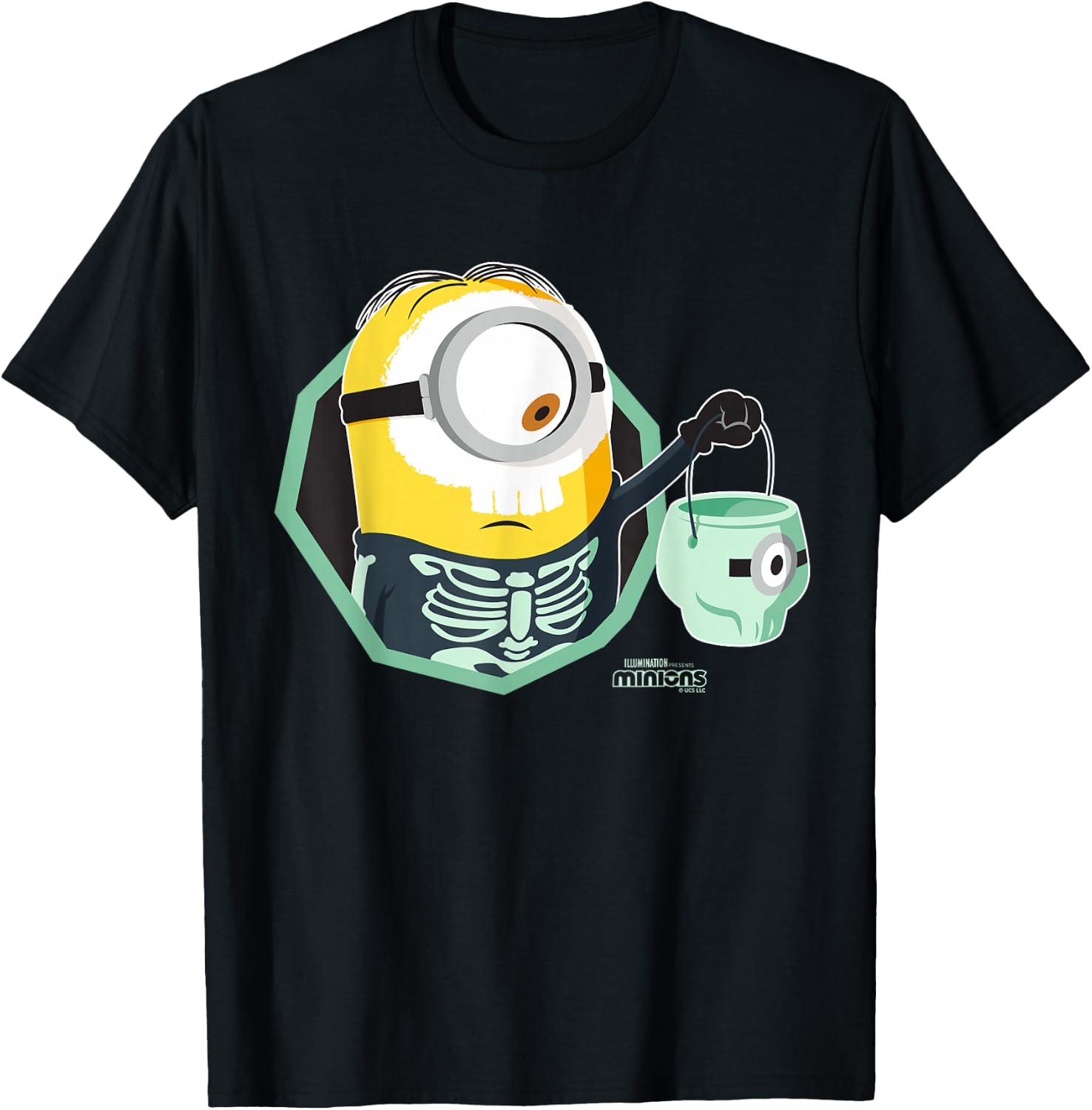 Minions Stuart Skeleton Costume with Bucket T-Shirt