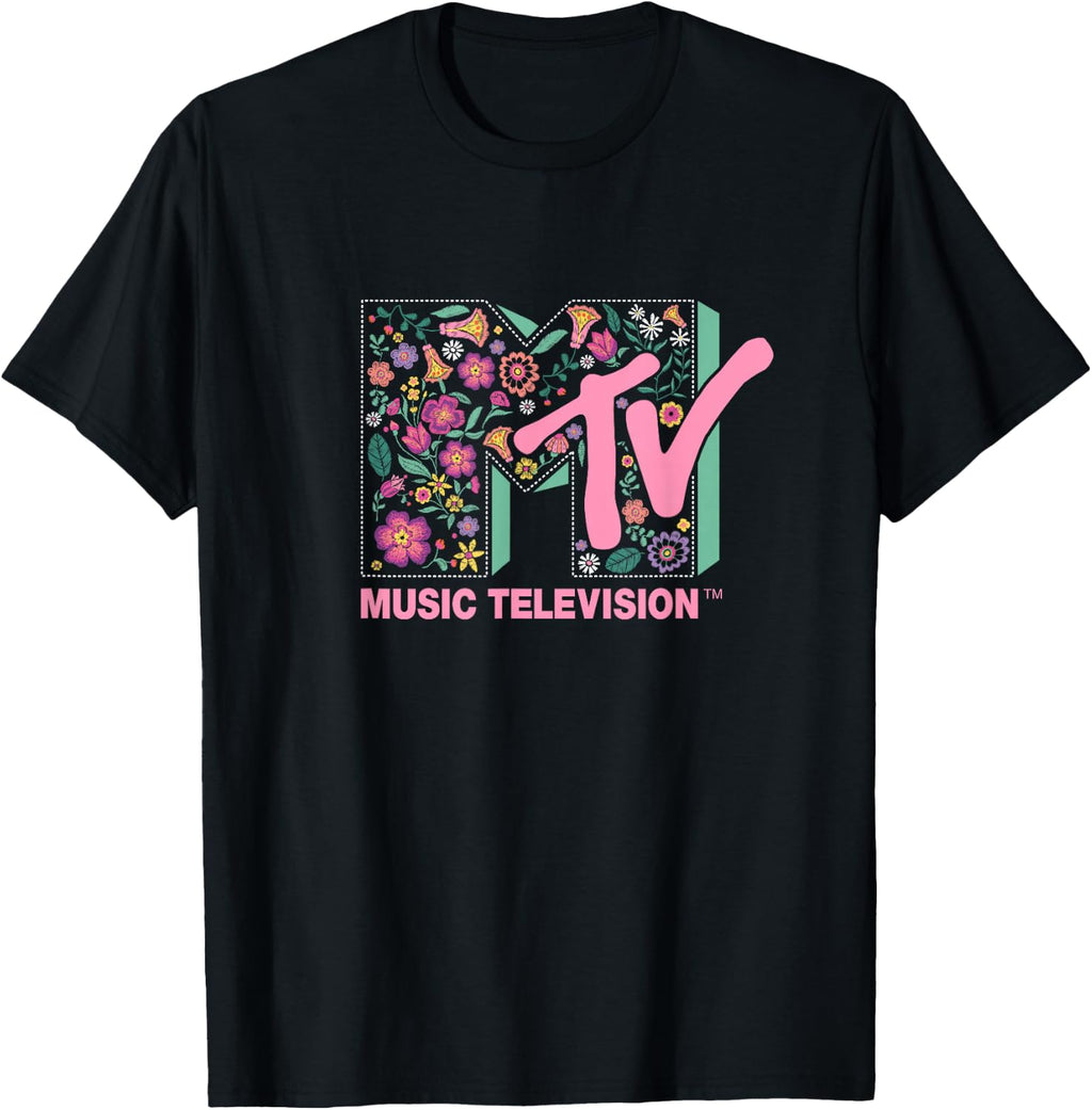 MTV Floral Vintage Embroidery Style Logo Fill T-Shirt