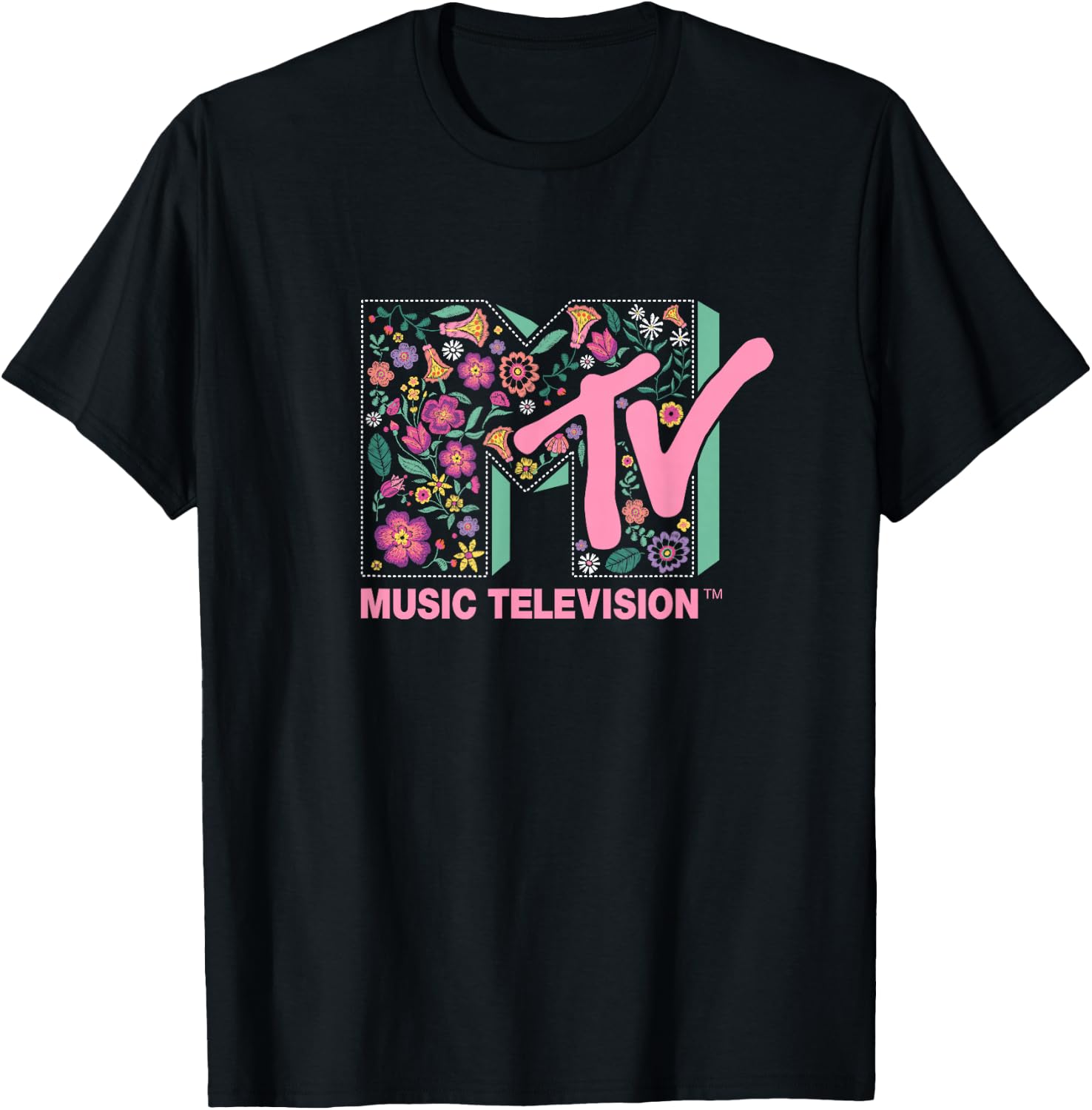 MTV Floral Vintage Embroidery Style Logo Fill T-Shirt