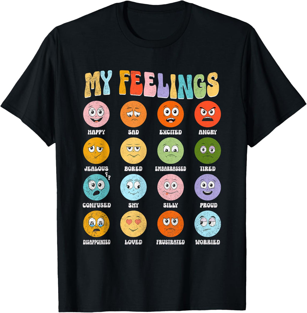 Groovy Retro My Feelings Chart Funny Hippie Face Emotions T-Shirt, Small