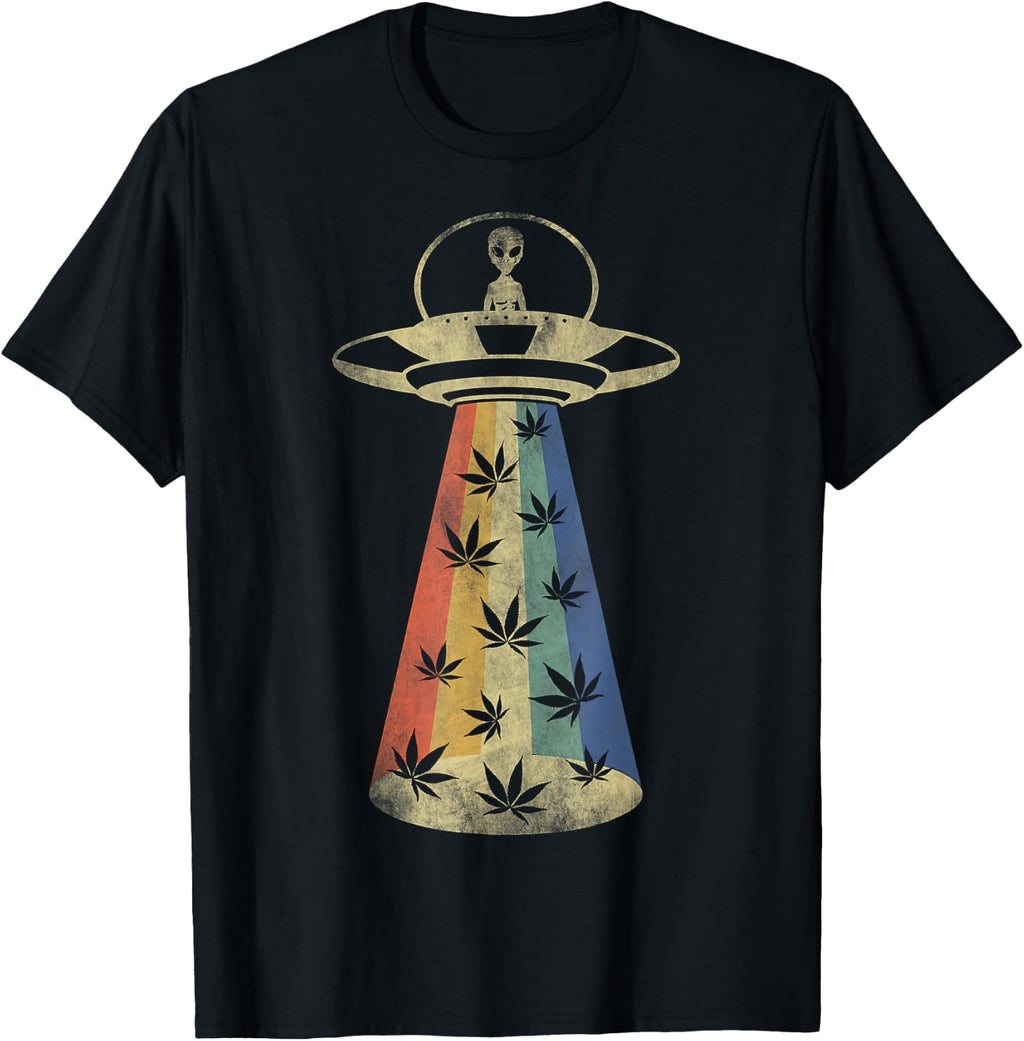 Alien UFO Abduction Weed Cannabis Marijuana Leaf Funny T-Shirt