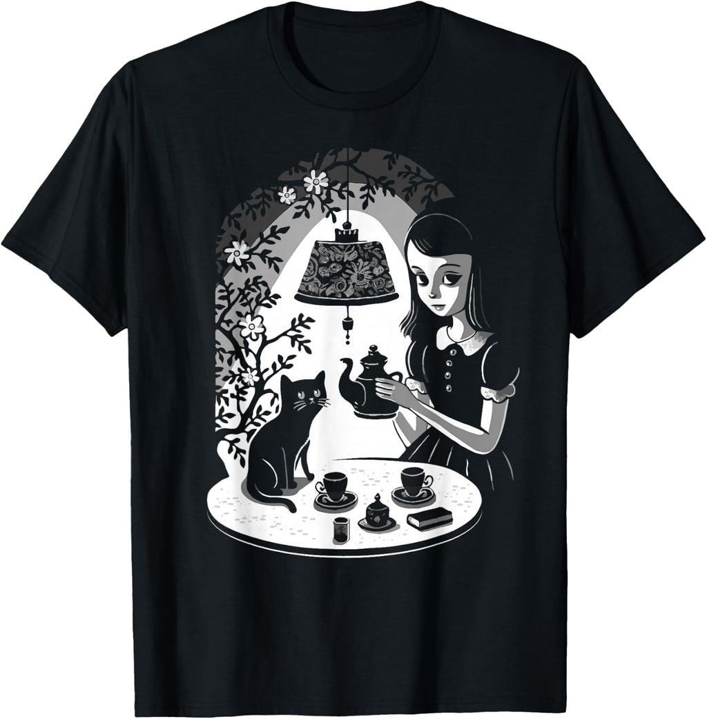 Mysterious Girl Having Tea Party With Black Cat Illustration T-Shirt