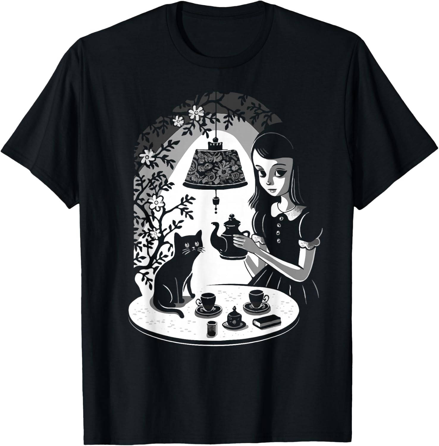 Mysterious Girl Having Tea Party With Black Cat Illustration T-Shirt