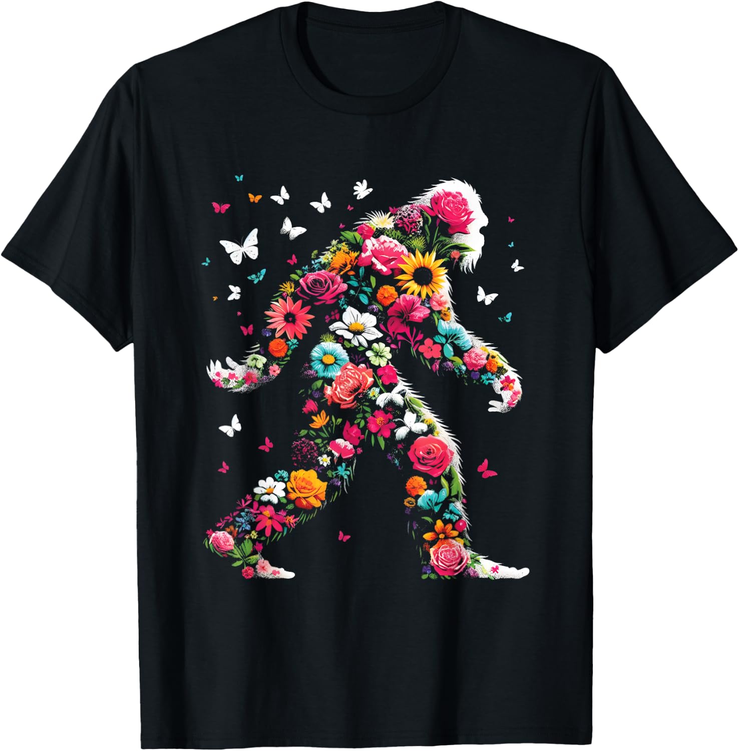 Floral Bigfoot - Vintage Colorful Flowers Sasquatch Lover T-Shirt