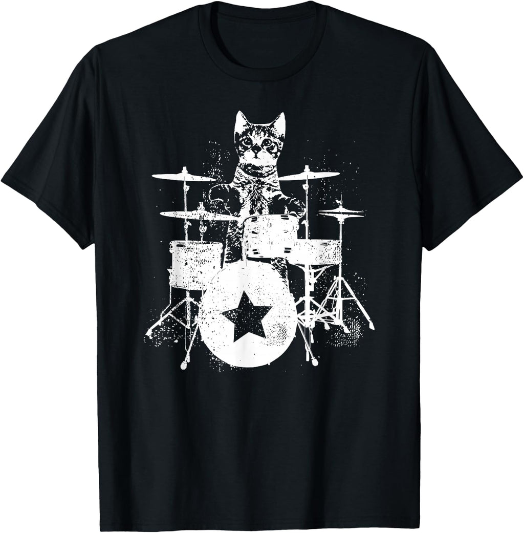 Punk Rockstar Kitten Kitty Cat Drummer Playing Drums Graphic T-Shirt Small