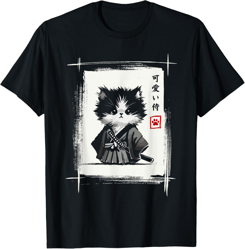 Samurai Cat Japanese Art Sumi-e Novelty Kawaii Funny Cat T-Shirt