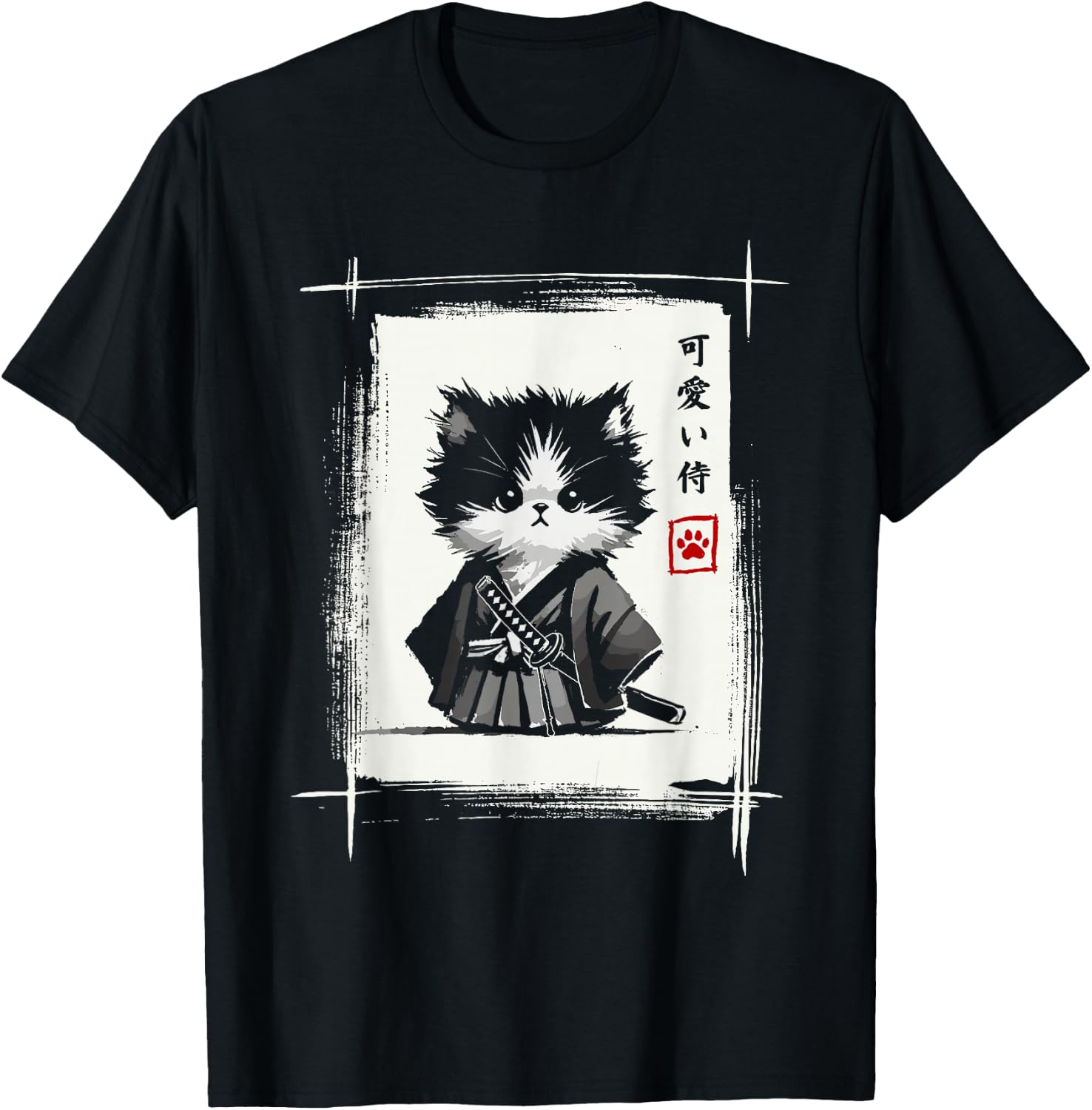 Samurai Cat Japanese Art Sumi-e Novelty Kawaii Funny Cat T-Shirt