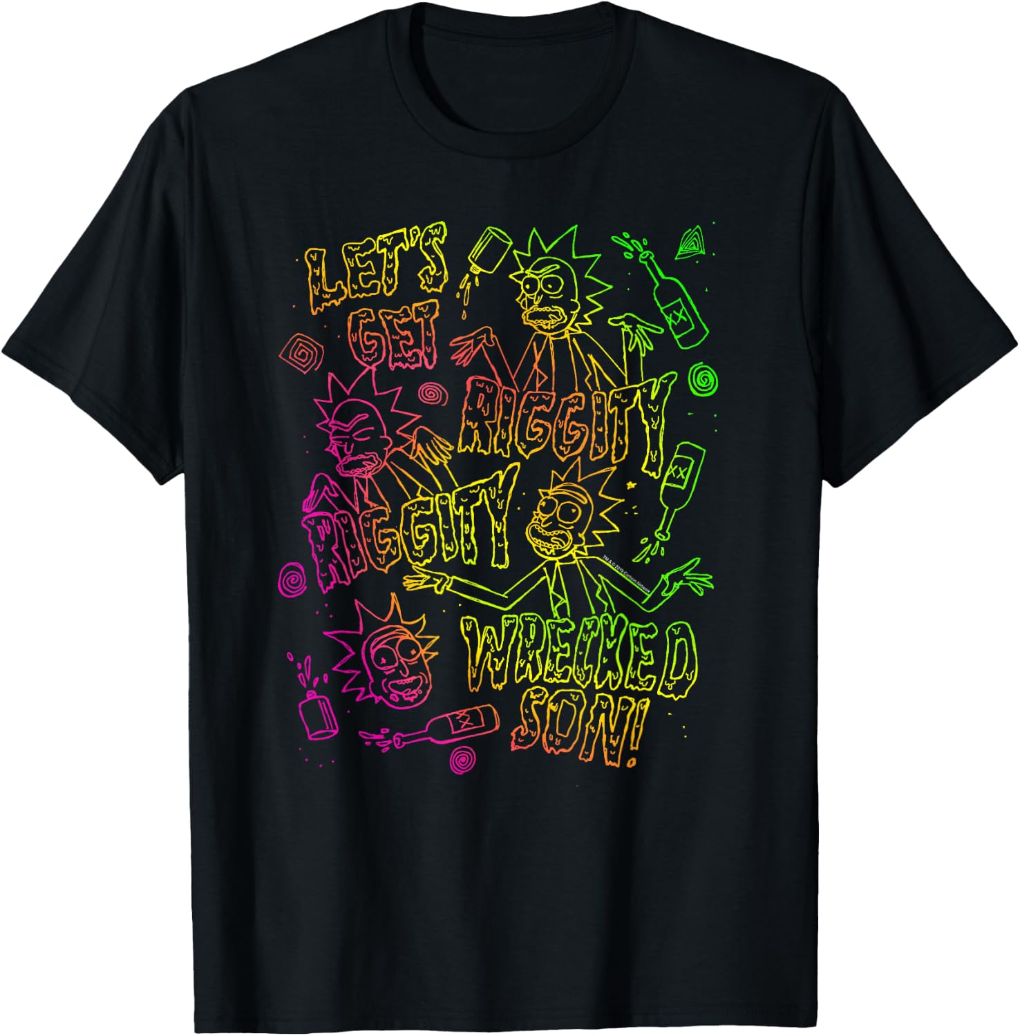 Rick and Morty Riggity Riggity Wrecked Neon Sketches T-Shirt T-Shirt