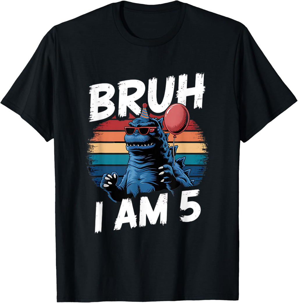 Bruh I Am 5 Kaiju Monster Kids 5th Birthday Party Retro Sun T-Shirt