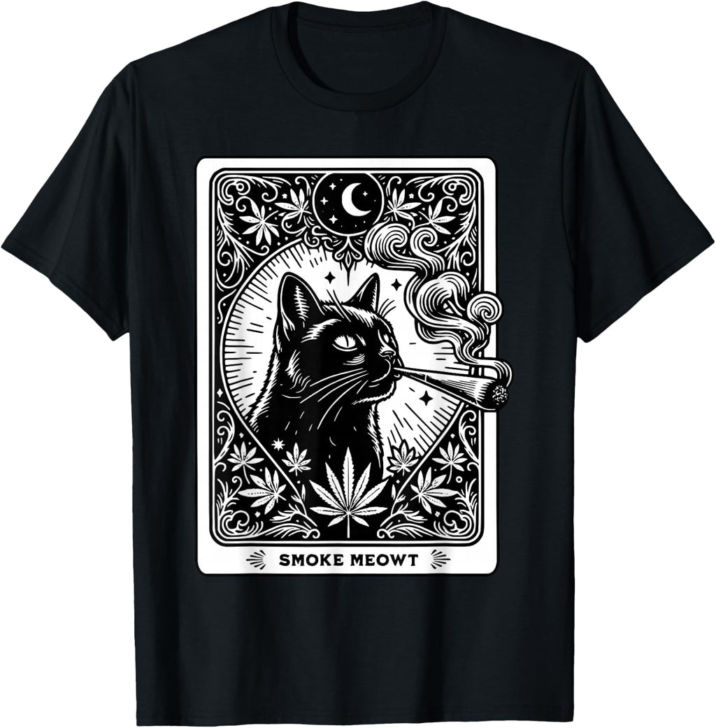 Smoke Meowt Stoner Weed Tarot Card Witchy Black Cat Cannabis T-Shirt
