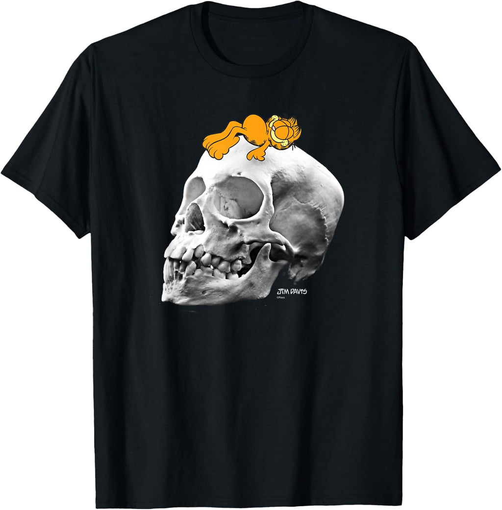 Garfield Lounging on Skull Spooky Cartoon Cat T-Shirt