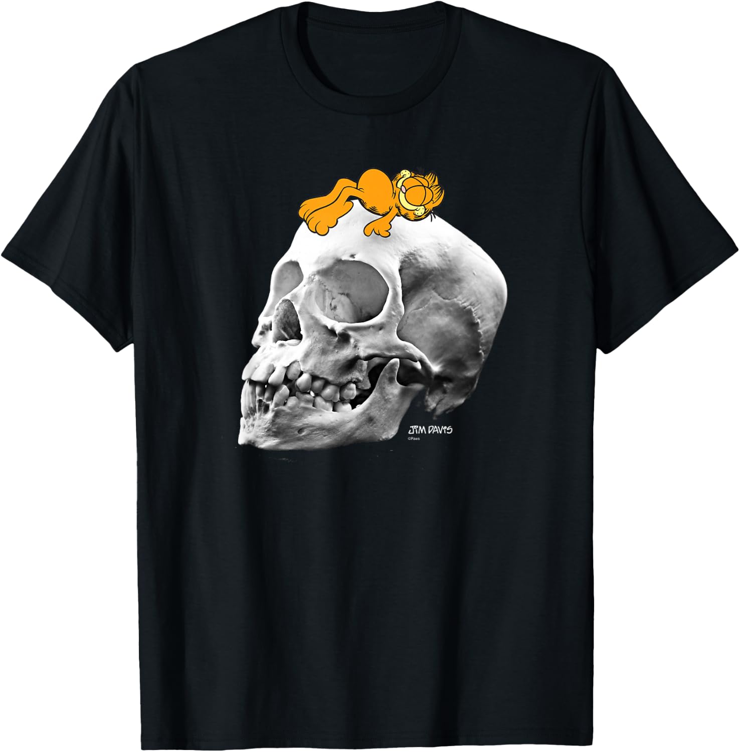 Garfield Lounging on Skull Spooky Cartoon Cat T-Shirt