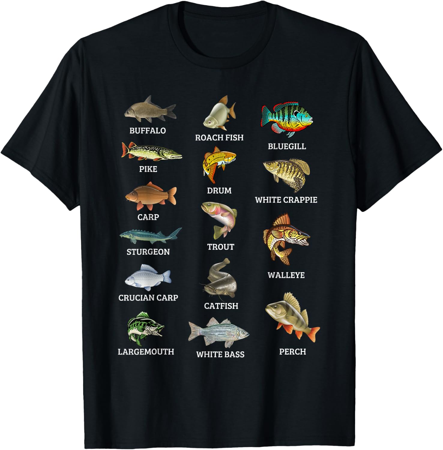 Types of Freshwater Fish Species Fishing Fisherman Anglers T-Shirt