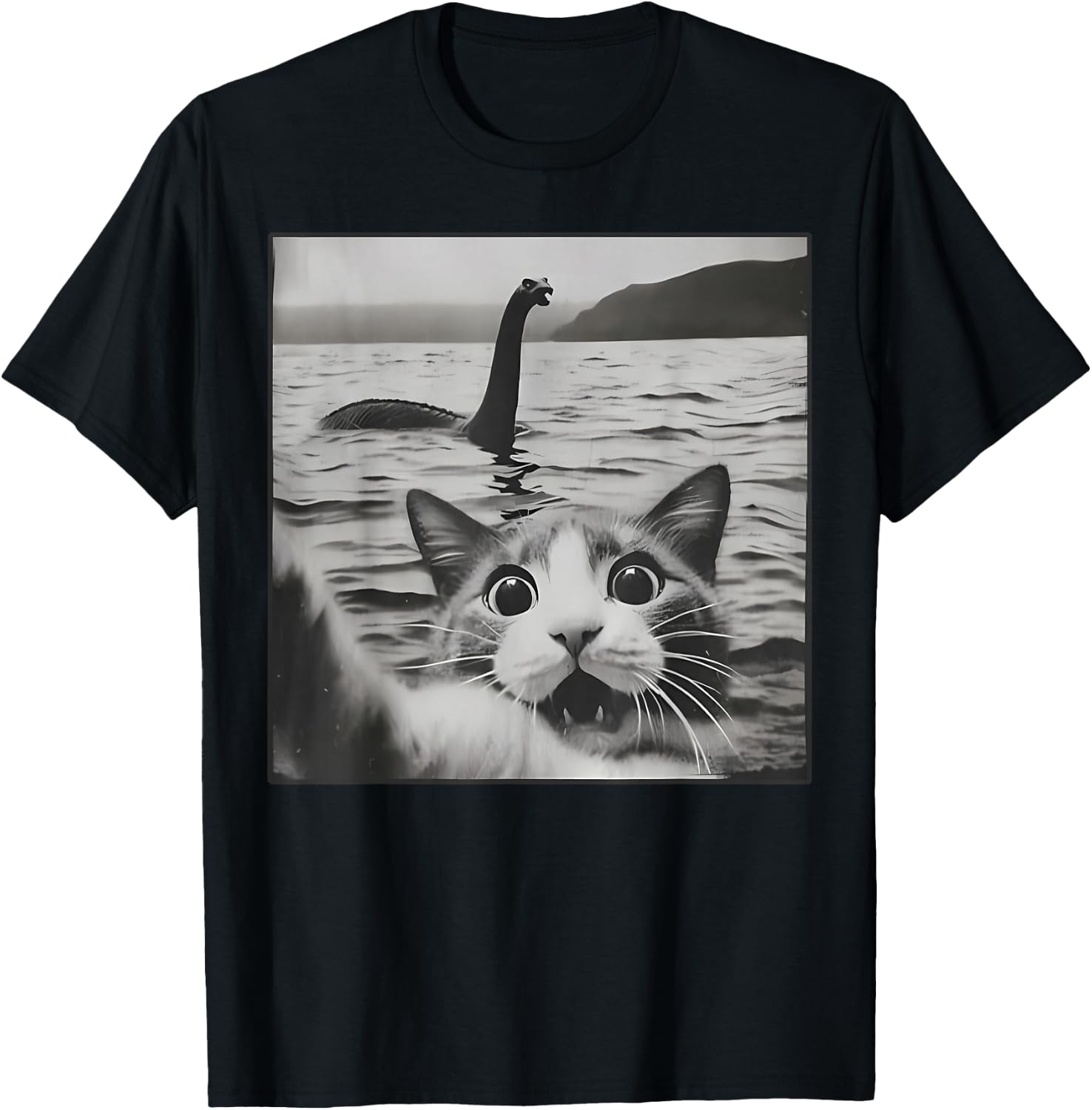 Cat Selfie with Loch Ness Monster Funny Cats Men Women Kids T-Shirt