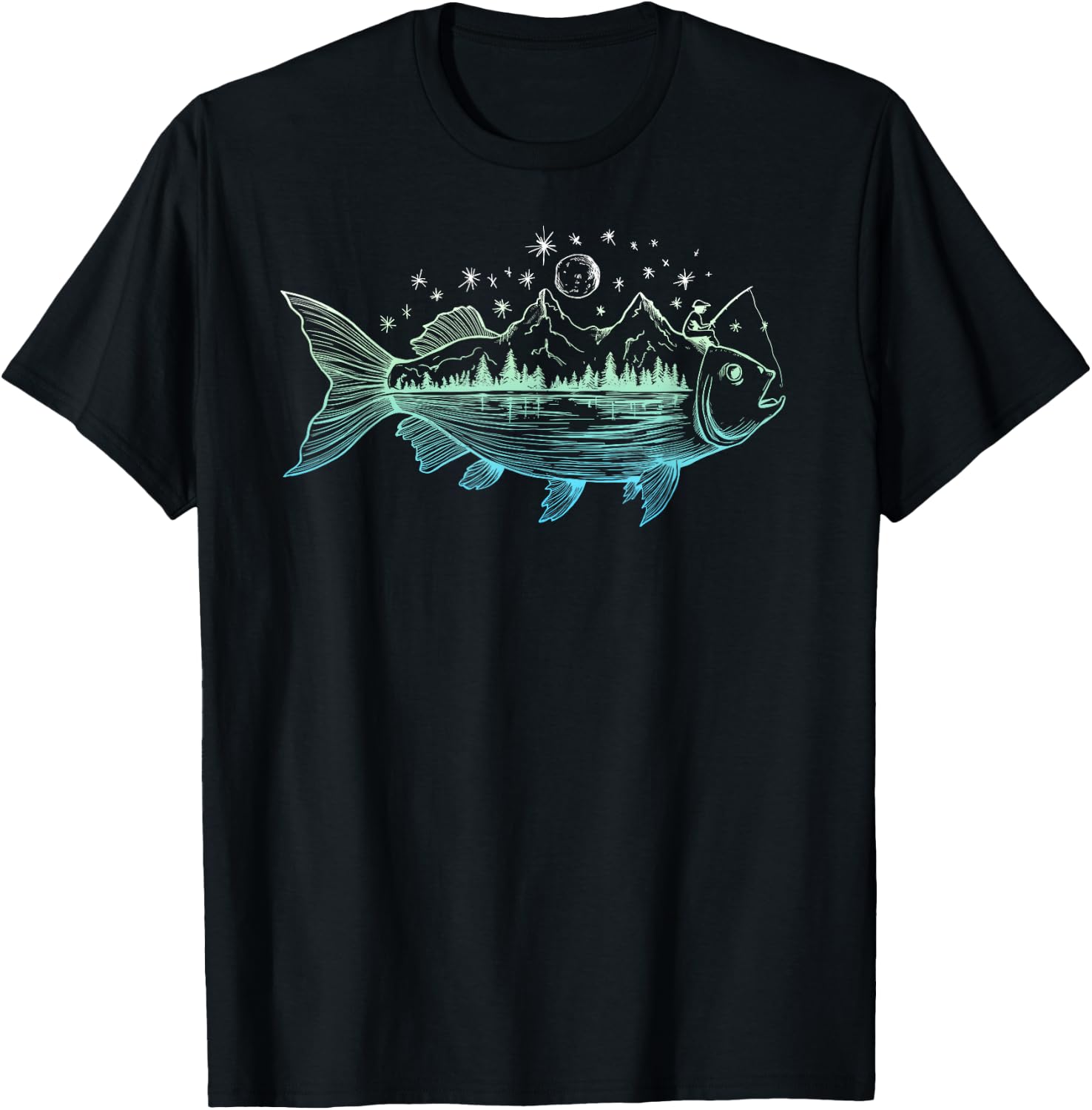 Cool Fish Shaped from Mountains Nature Scene Fishing T-Shirt