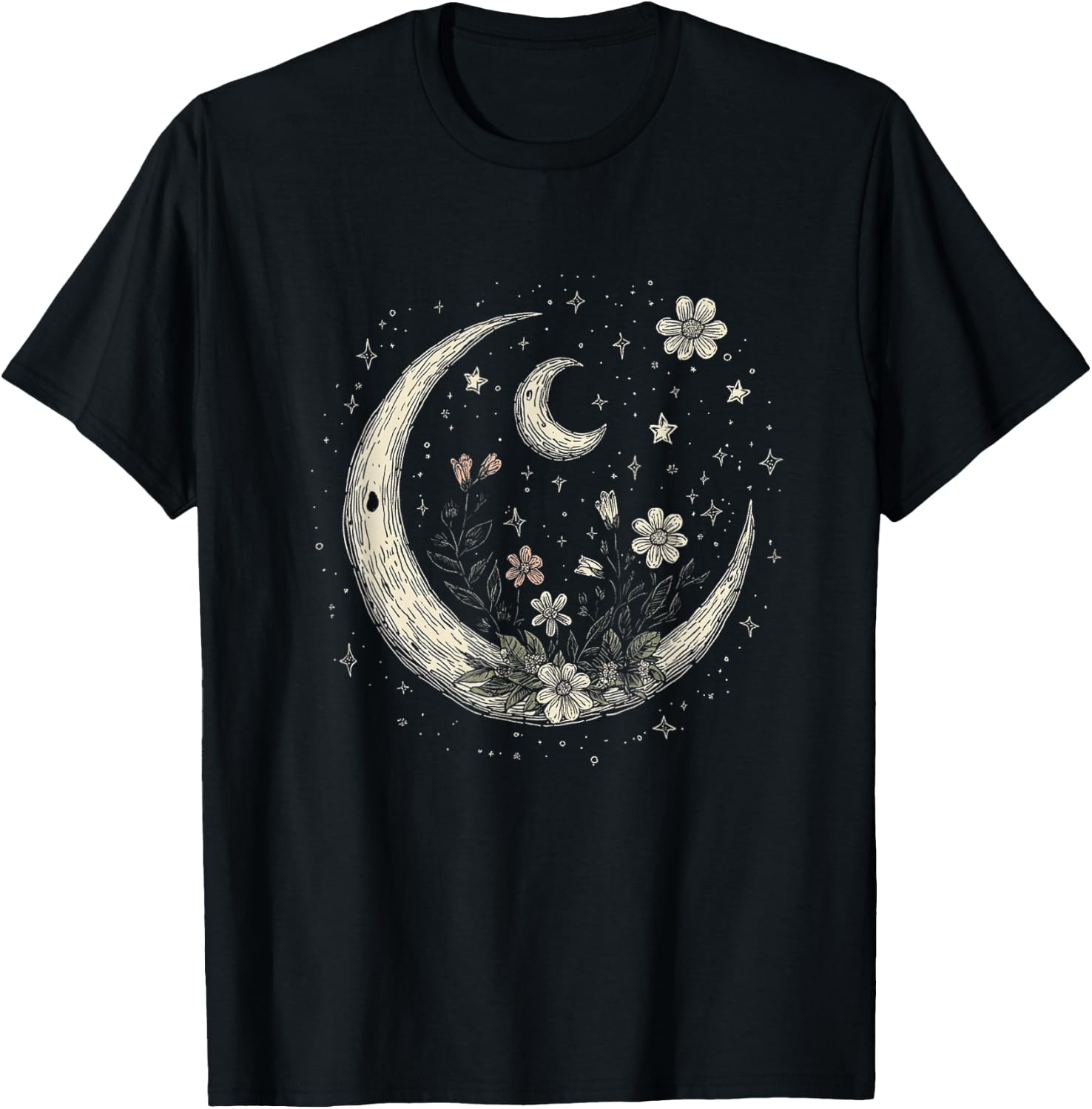 Mystic Cottagecore Lunar Celestial Flowers Stars & Moon T-Shirt