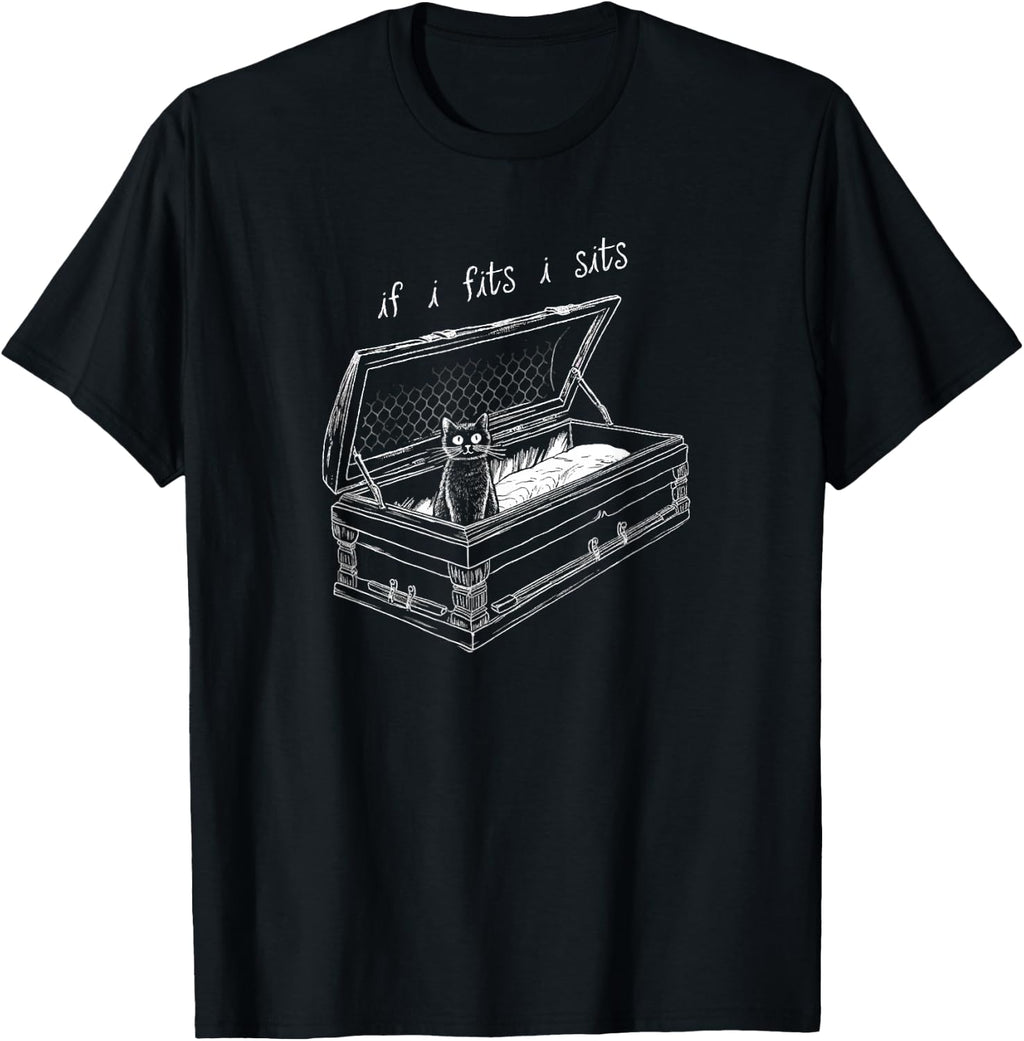 If I Fits I Sits Black Cat Coffin Kitty Sitting in A Casket T-Shirt