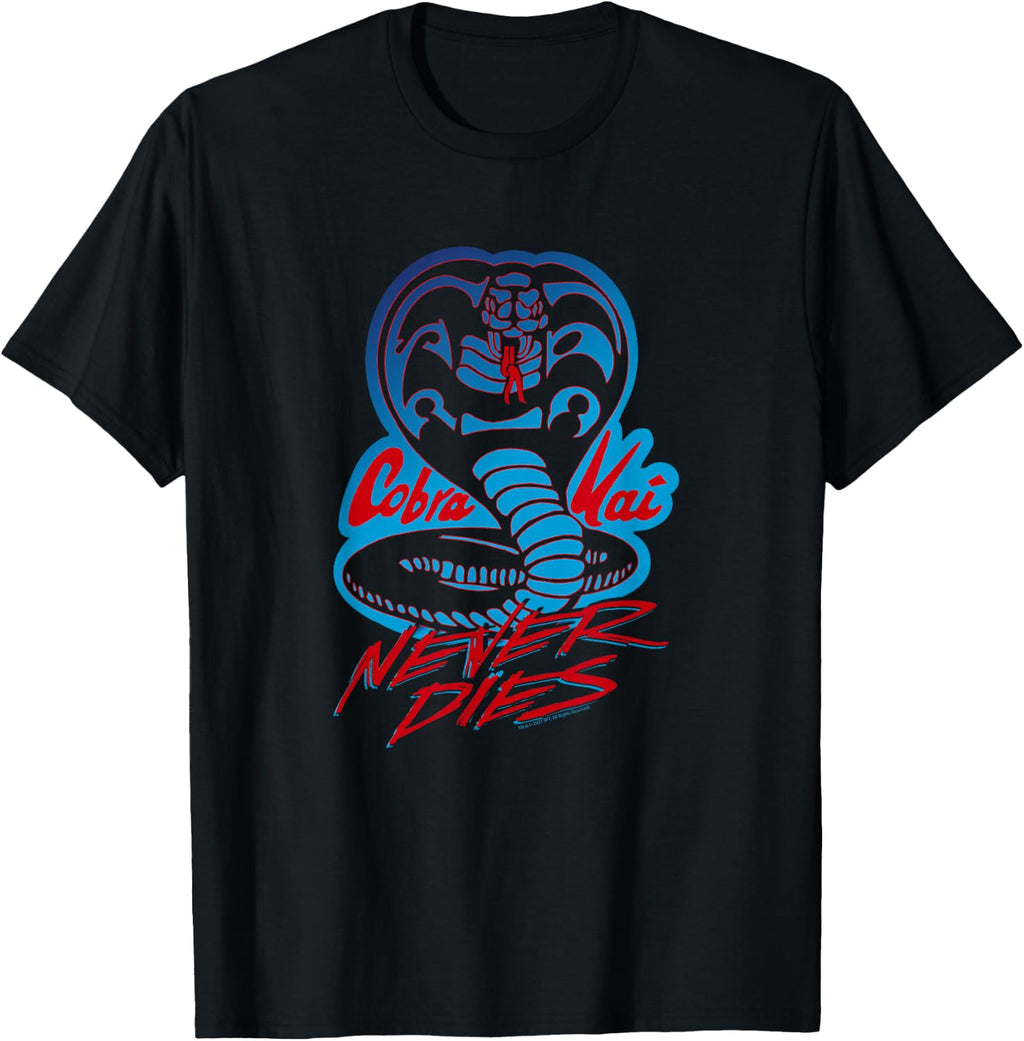 Cobra Kai Never Dies Blue and Red Cobra Logo TV Show T-Shirt