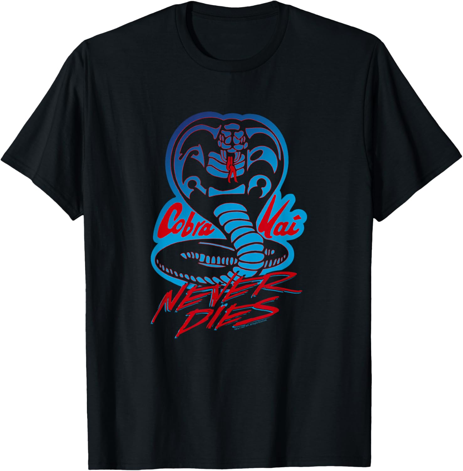 Cobra Kai Never Dies Blue and Red Cobra Logo TV Show T-Shirt