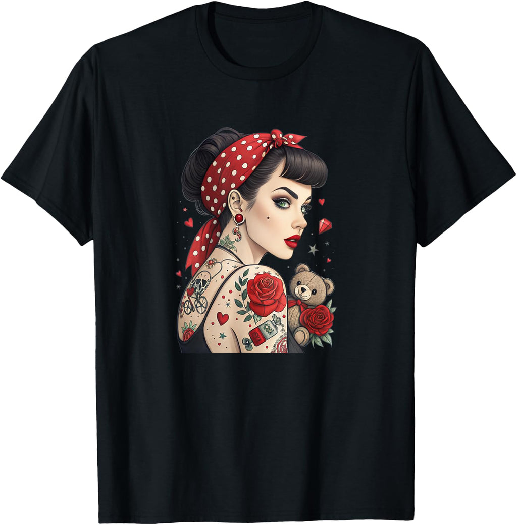 Rockabilly Tattoo Girl Retro Pin-Up Rose Art T-Shirt