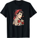Rockabilly Tattoo Girl Retro Pin-Up Rose Art T-Shirt