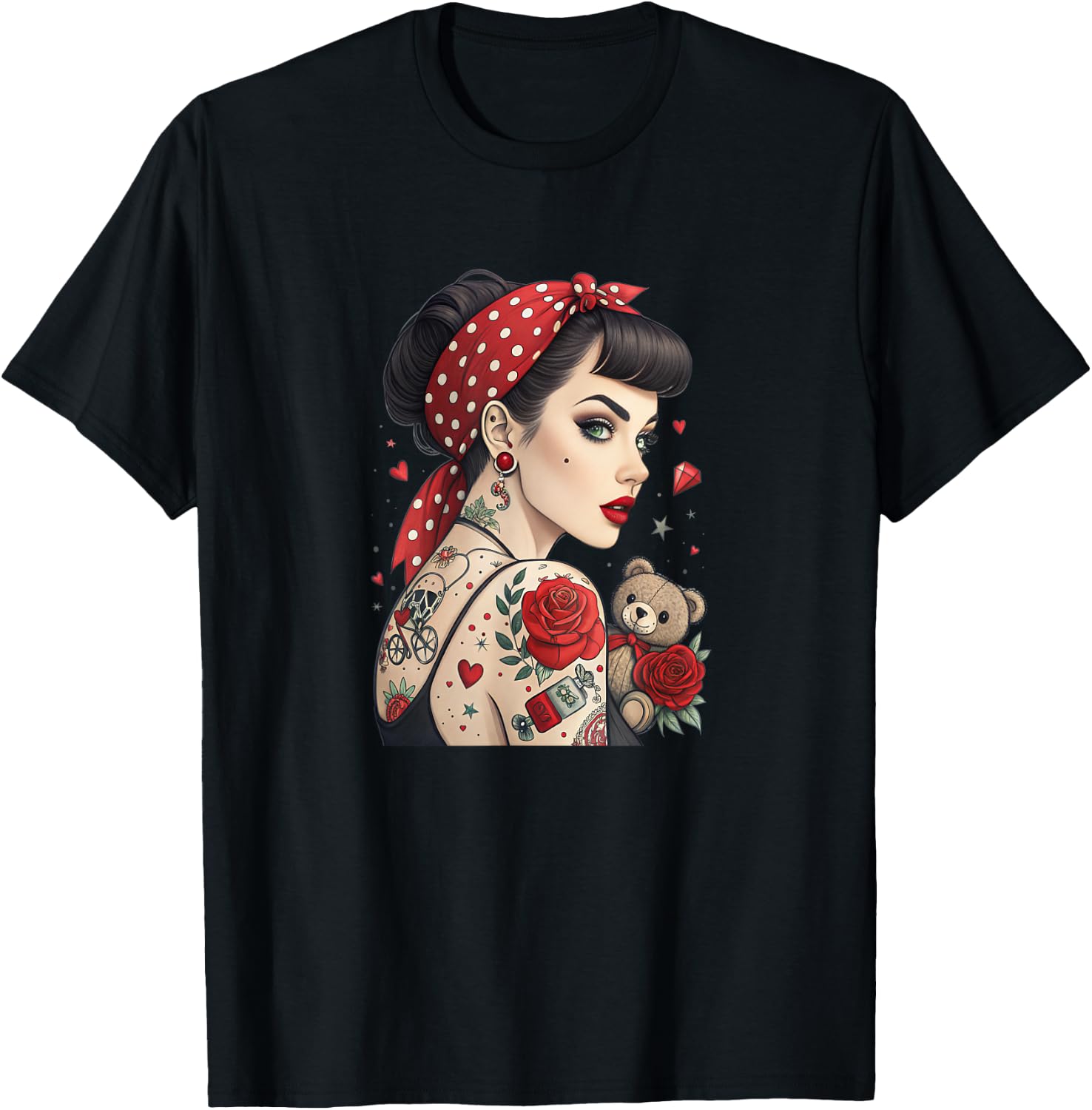 Rockabilly Tattoo Girl Retro Pin-Up Rose Art T-Shirt