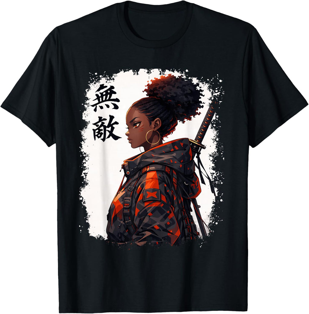 Samurai Black Girl Anime Warrior Afro African Pride T-Shirt