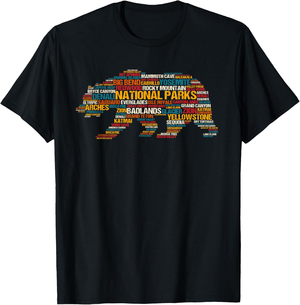 National Parks USA Word Cloud Bear Tees T Shirts for Men and Women Camping Hiking