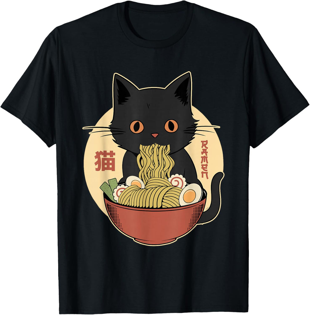 Cat Ramen Funny Graphic Tees Japanese Kawaii Cat Anime T-Shirt