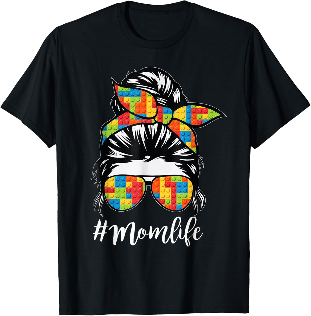 Building Block Messy Bun Mom Life Master Builder Mothers Day T Shirts Tees for Women