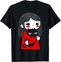 Cute Gloomy Girl Cuddles Mad Black Cat T-Shirt