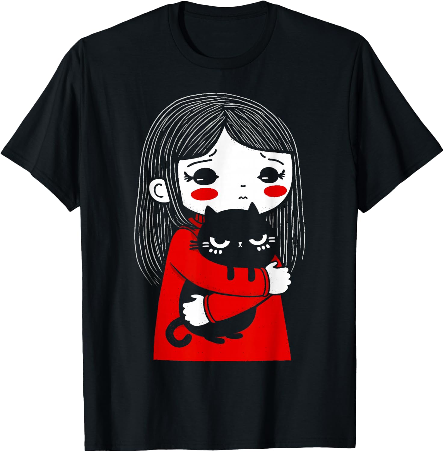 Cute Gloomy Girl Cuddles Mad Black Cat T-Shirt