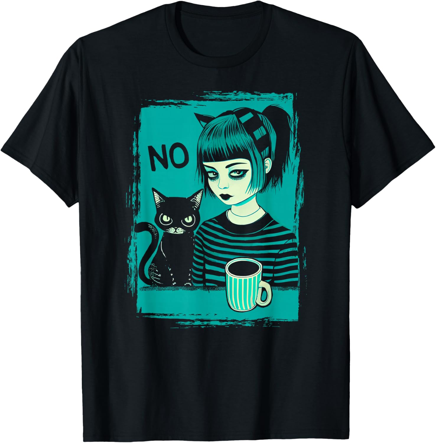 Dark at Heart Punk Goth Girl Says No with Cat and Coffee T-Shirt