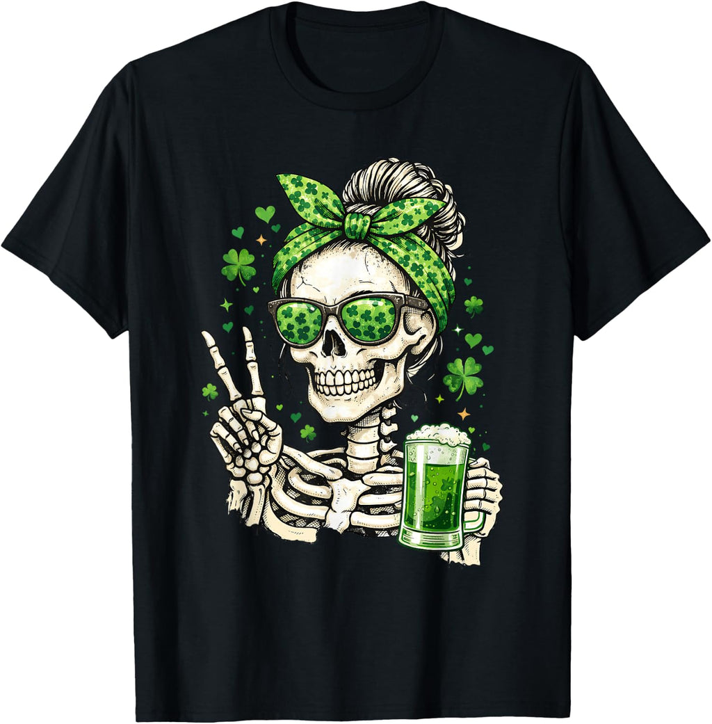 Skull Sunglass Messy Bun Irish Funny St Patrick's Day Women T-Shirt