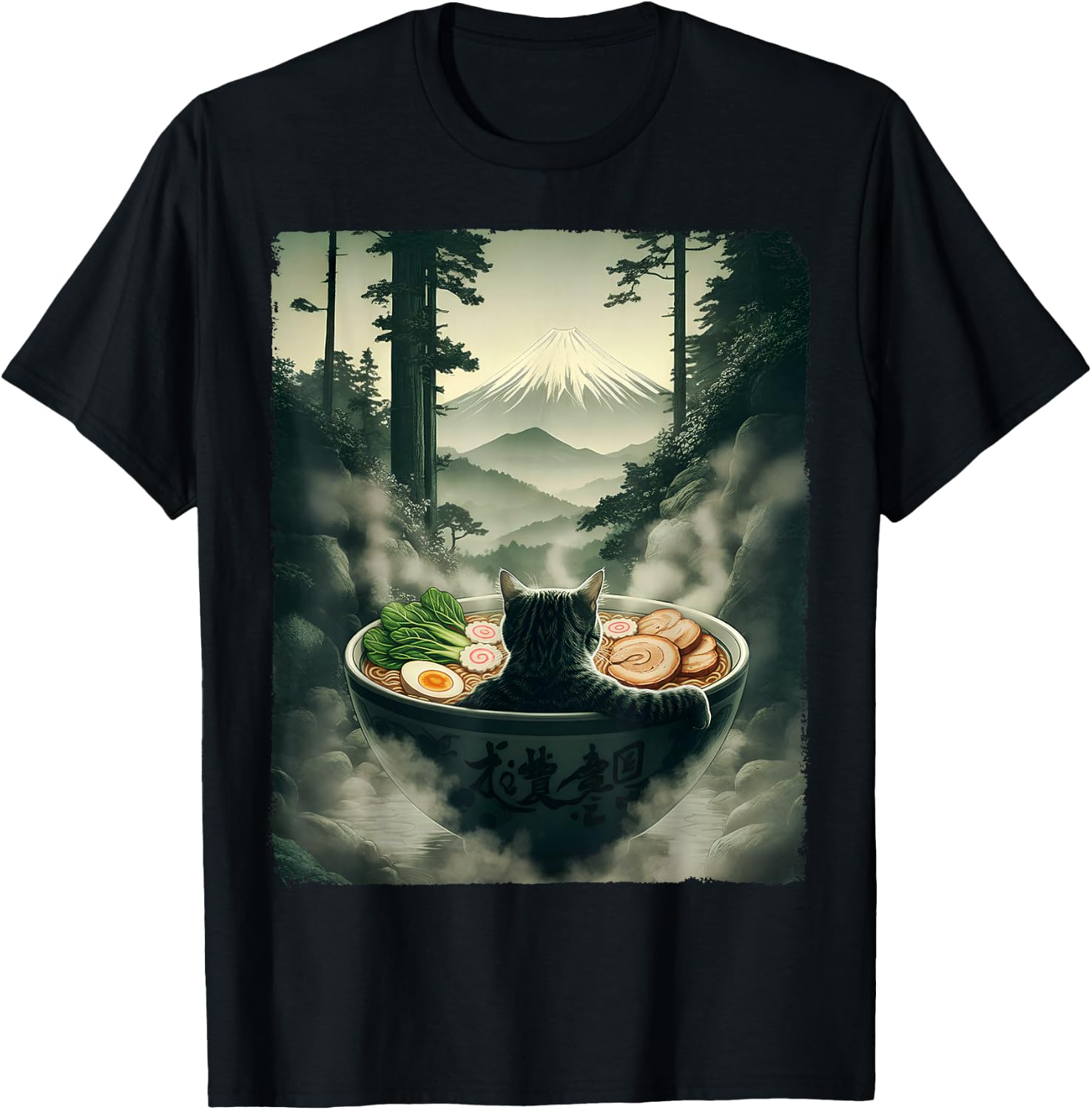 Cat Ramen Mount Fuji Zen Aesthetic Funny Japanese Graphic T-Shirt