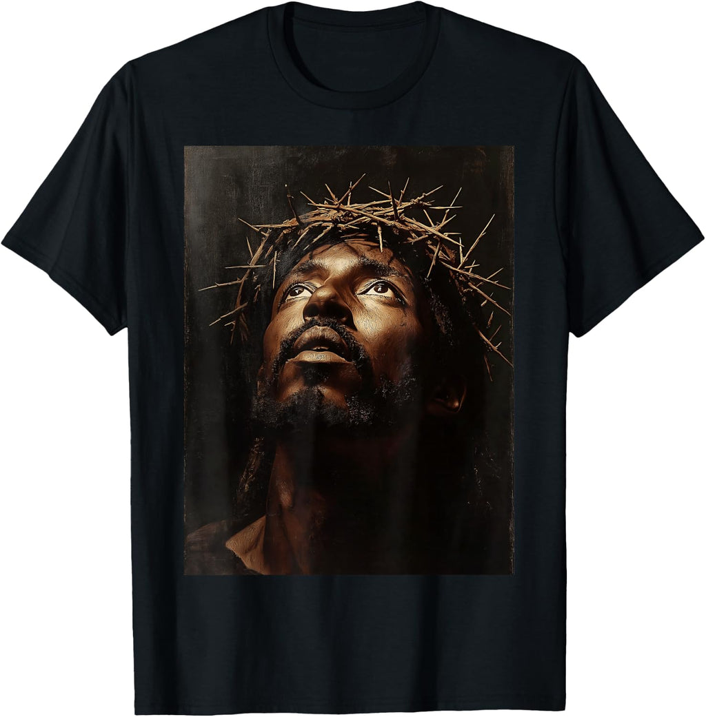 Black Jesus Face Cross Crown Of Thorns T-Shirt