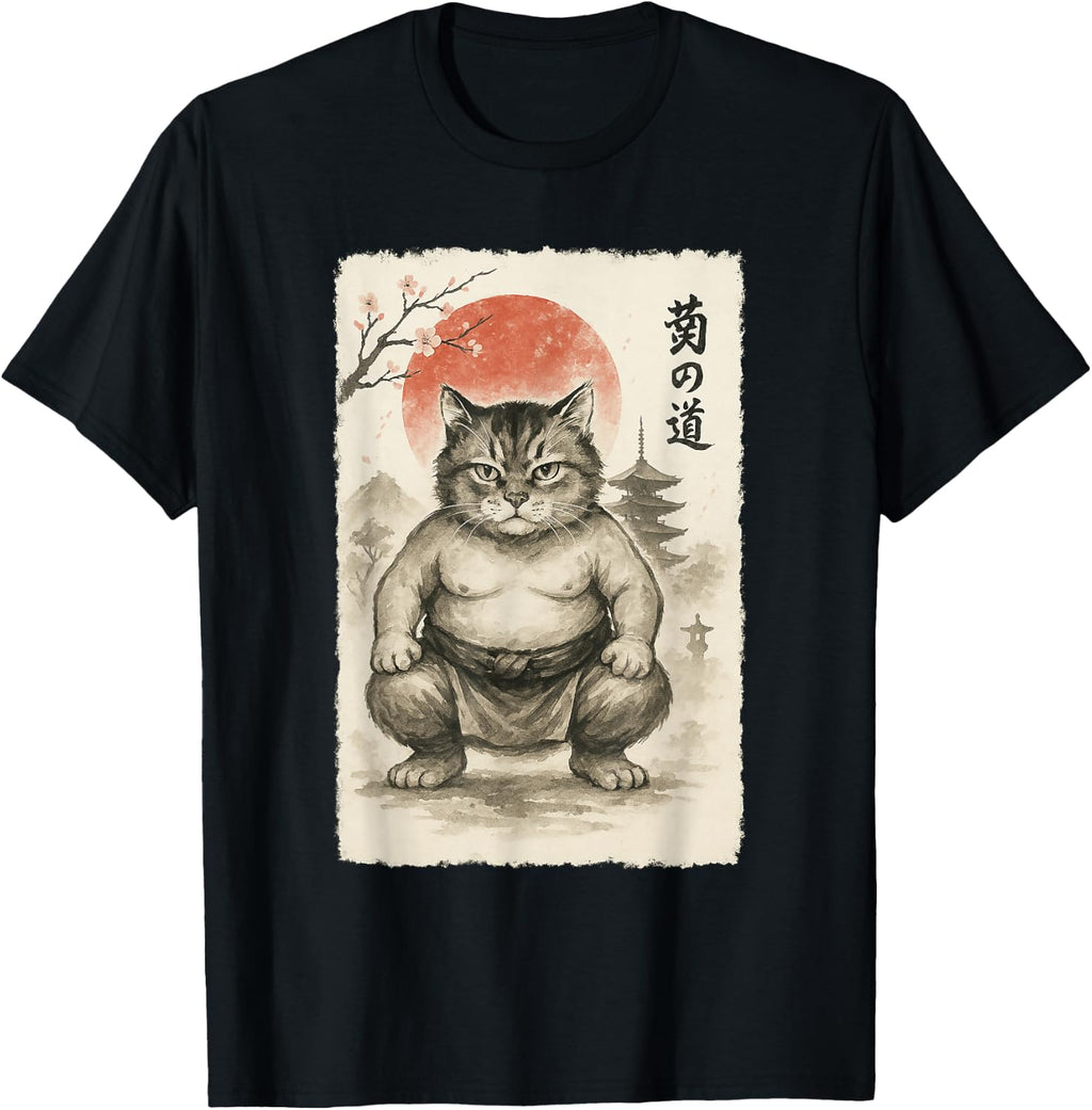 Funny Chonk Cat Sumo Wrestler Sumi-e Japanese Art Anime T-Shirt