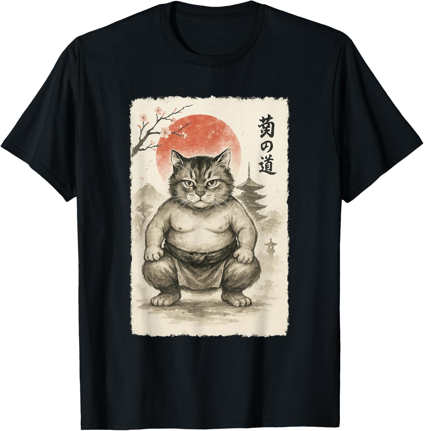 Funny Chonk Cat Sumo Wrestler Sumi-e Japanese Art Anime T-Shirt