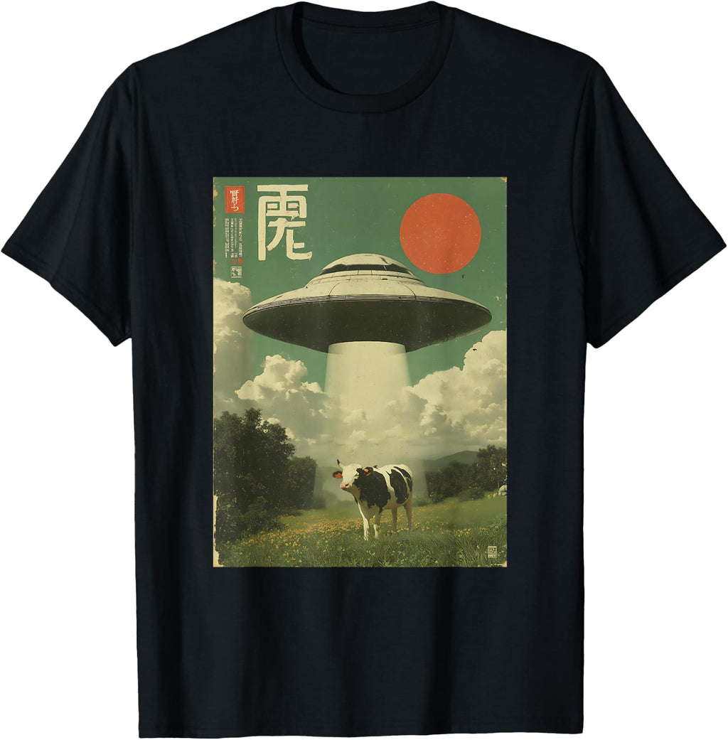 Funny Retro Vintage Japanese Cow Abduction Alien Spaceship T-Shirt