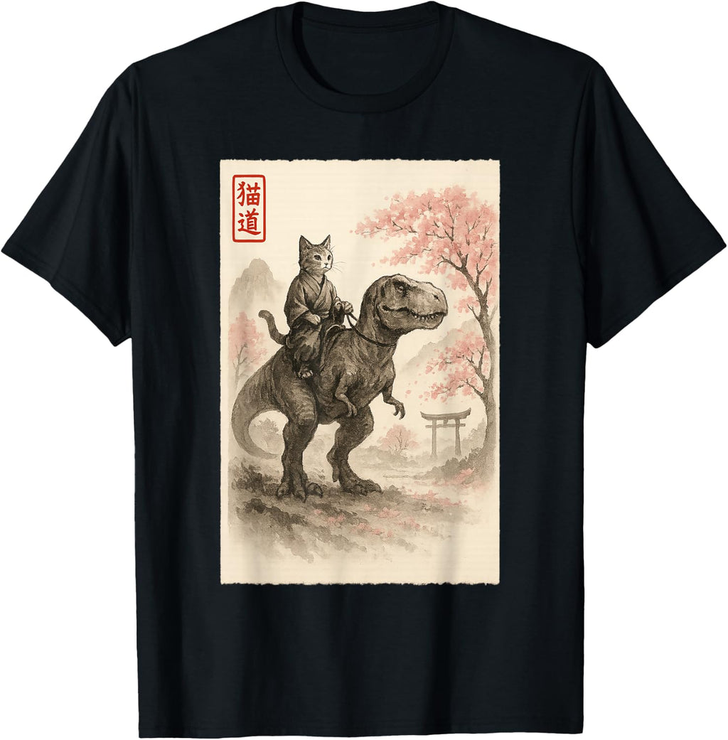 Funny Sumi-e Kawaii Cat Riding Dinosaur Japanese Art T-Shirt